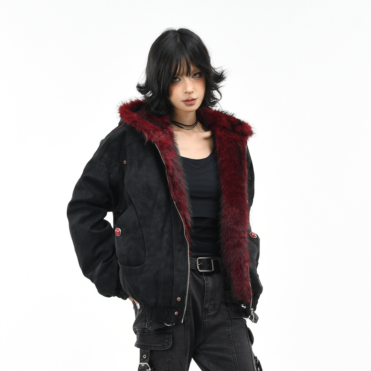 Mountain Carving Red Fur Collar Vintage PU Leather Fleece-lined Warm Coat product image