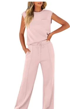 European And American Autumn And Winter New Sleeveless Casual High Elastic Loose Two-piece Suit Women - Pink - View 1