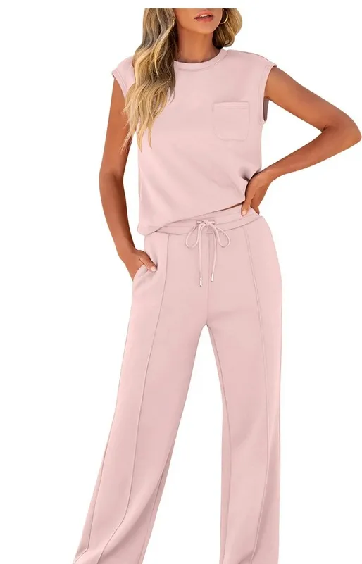 European And American Autumn And Winter New Sleeveless Casual High Elastic Loose Two piece Suit Women Pink - Shop at LoveMi