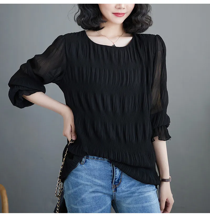 Pleated Bell Sleeve Chiffon Shirt Loose Long Sleeve Top - Black