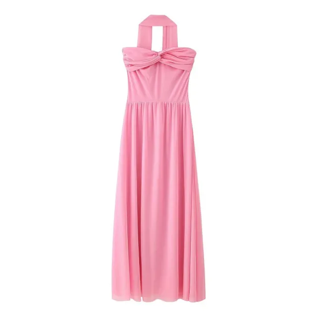 Two color Mesh Tube Top Ribbon Ribbon Halter Dress Pink - Shop at LoveMi