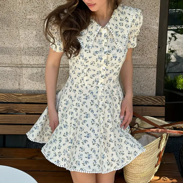 Elegant Figure flattering Sweet Doll collar Single breasted Floral print Short sleeve Dress Blue - Shop at LoveMi