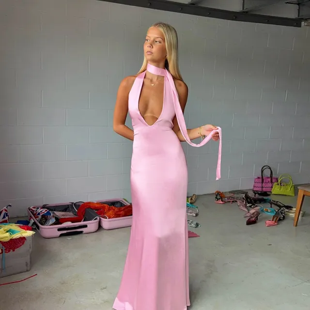Elegant Sexy Slim Deep V Halter Strap Satin Dress Pink - Shop at LoveMi