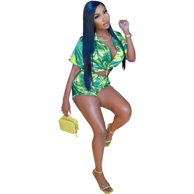 Summer Stretch Satin Printed Shirt Short Two piece Set Green - Shop at LoveMi