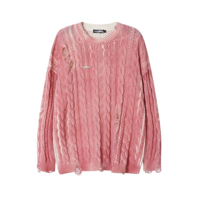 Fashion Brand Inkjet Destruction Woven Twisted Round Neck Sweater Pink - Shop at LoveMi