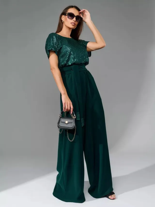 European And American One piece Sequin Fashion Short Sleeve Casual Jumpsuit Trousers Dark Green - Shop at LoveMi