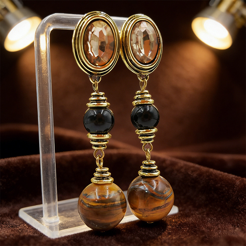 Retro Distressed Tiger Eye Stone Long Earrings