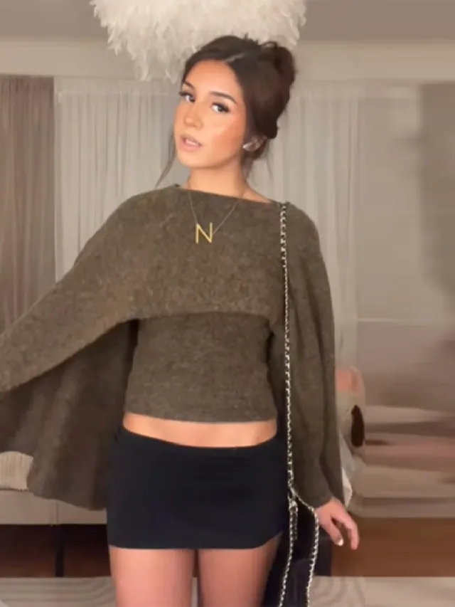 Women's Loose Round Neck Cape Shawl Top Knitted Sweater Brown - Shop at LoveMi