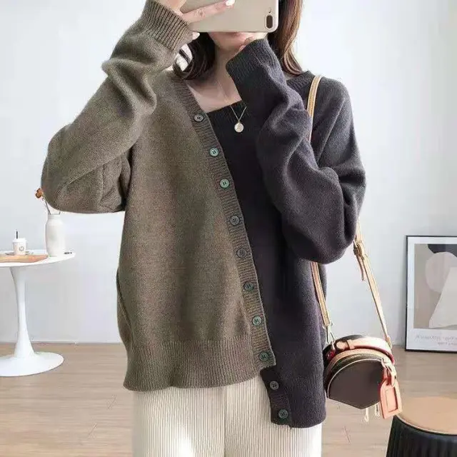 Diagonal Button Design Sense Contrast Color Long Sleeves Knitwear For Women Camel Dark Gray - Shop at LoveMi