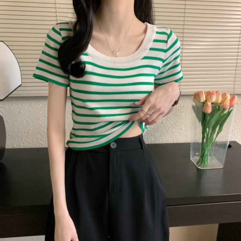 Casual Short-sleeved Slim-fit Striped T-shirt
