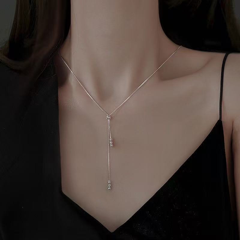Simple Ins Style Round Beads Tassel Necklace For Women Adjustable