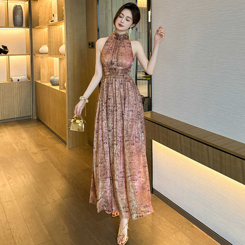 French Halter Cinched Mesh Dress