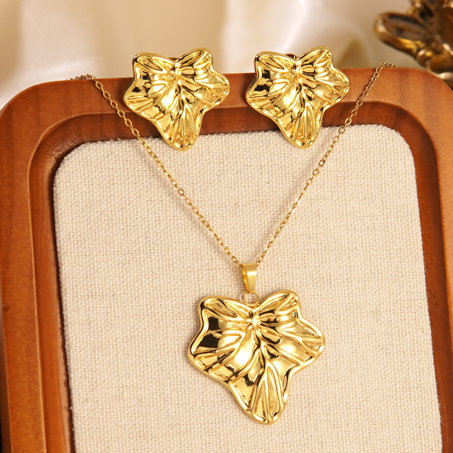 Stainless Steel Heart Bow Flower Necklace And Earrings Set