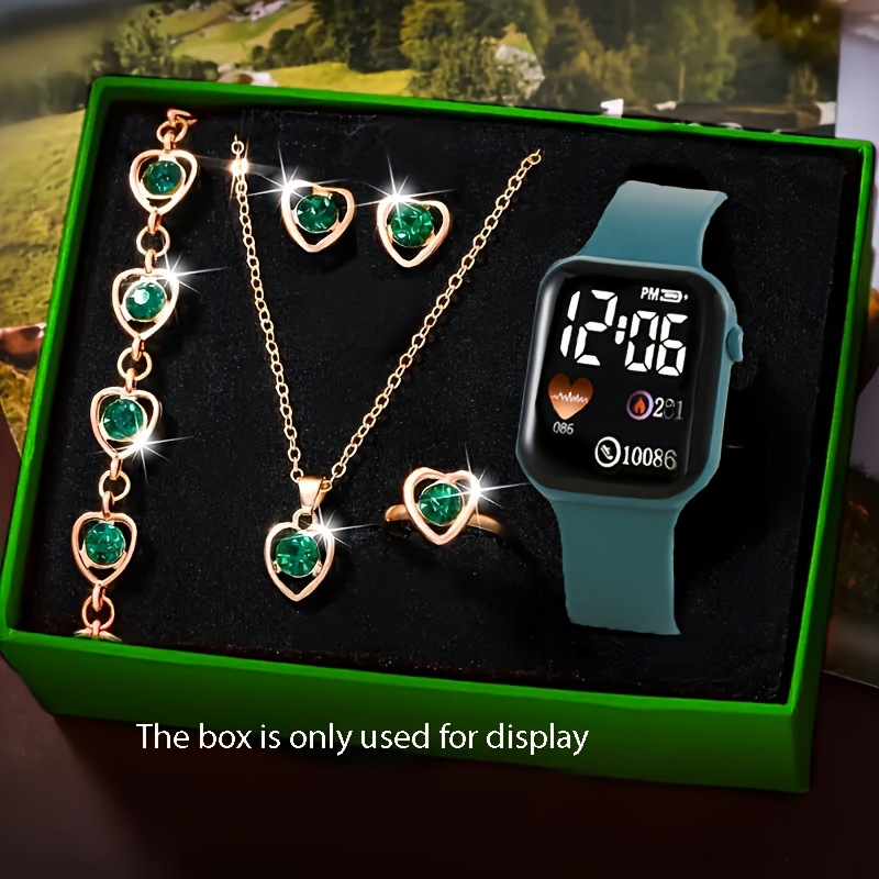 Minimalist And Compact Heart-Shaped Dial Square LED Watch Necklace Earrings Ring Set