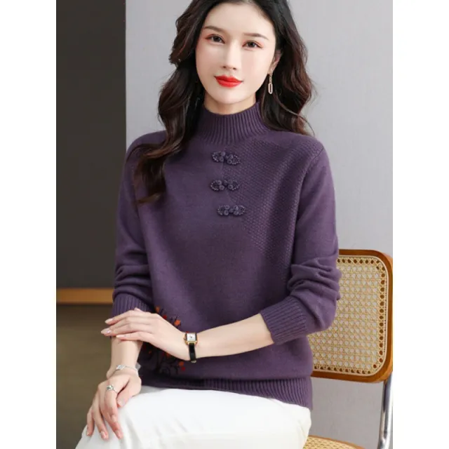 Half Turtleneck Bottoming Shirt Middle aged Mom Sweater Button Top Purple - Shop at LoveMi