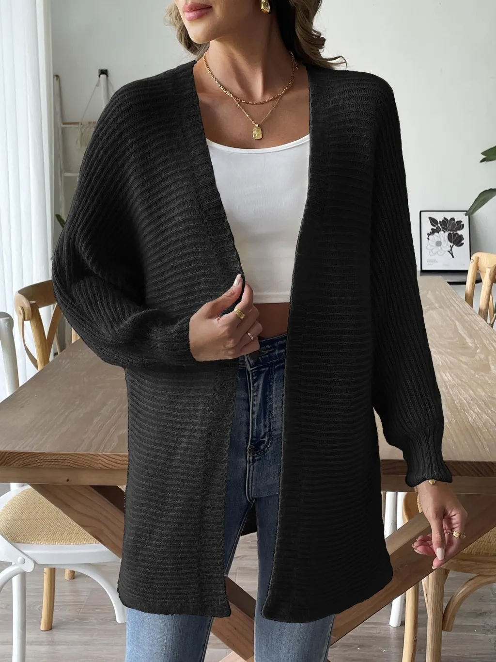 European And American Women's Clothing Autumn And Winter New Casual Woven Sweater Sweater Coat - Black
