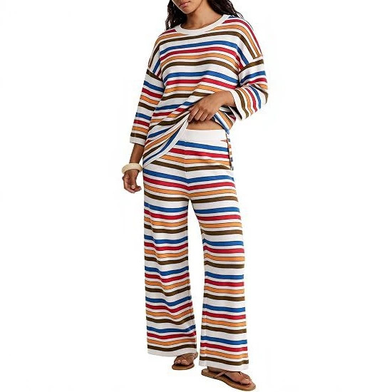 Striped Loose-fit Casual Long-sleeve High-waist Pants Set