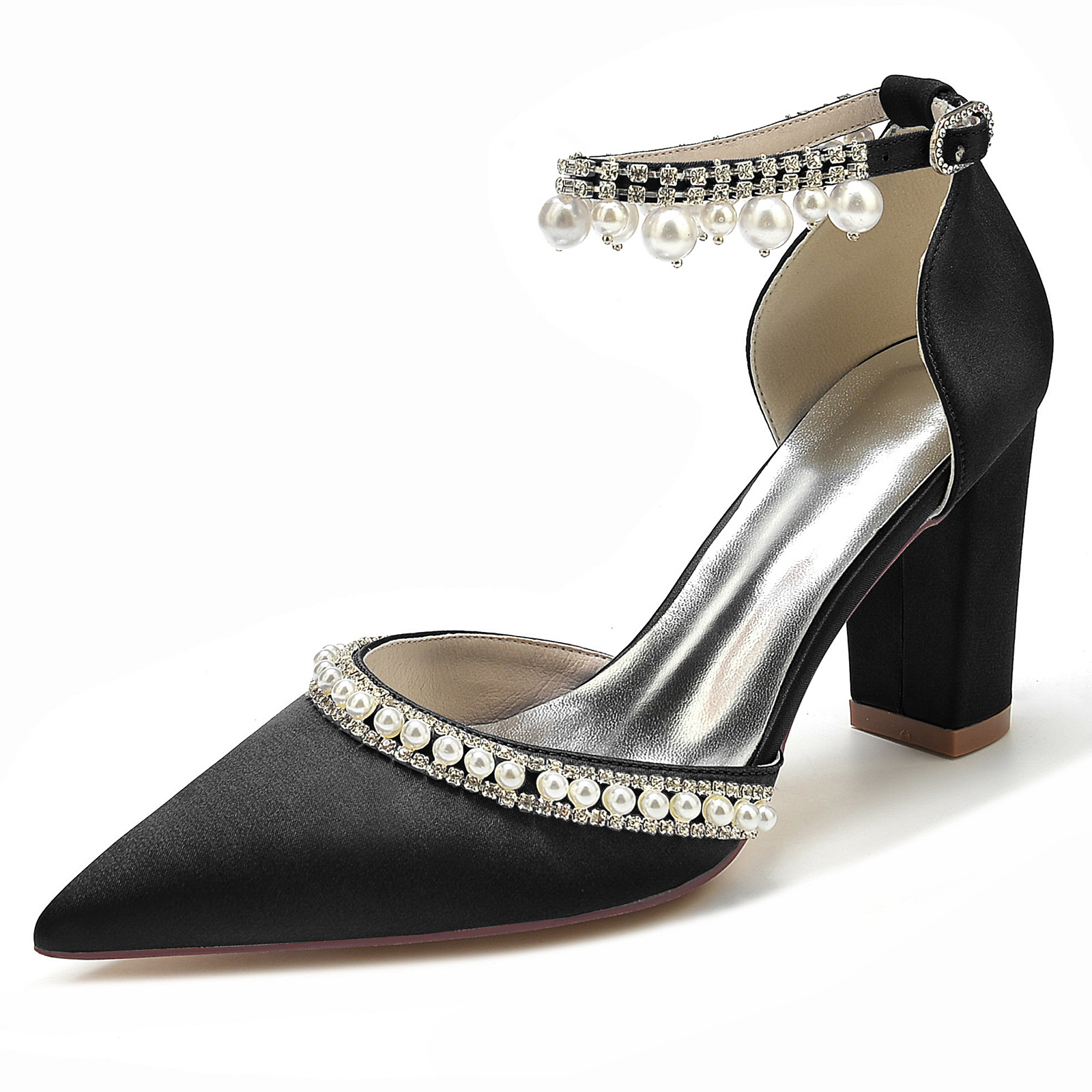 Title 9, Satijnen pumps met spitse neus, blokhak, strass...