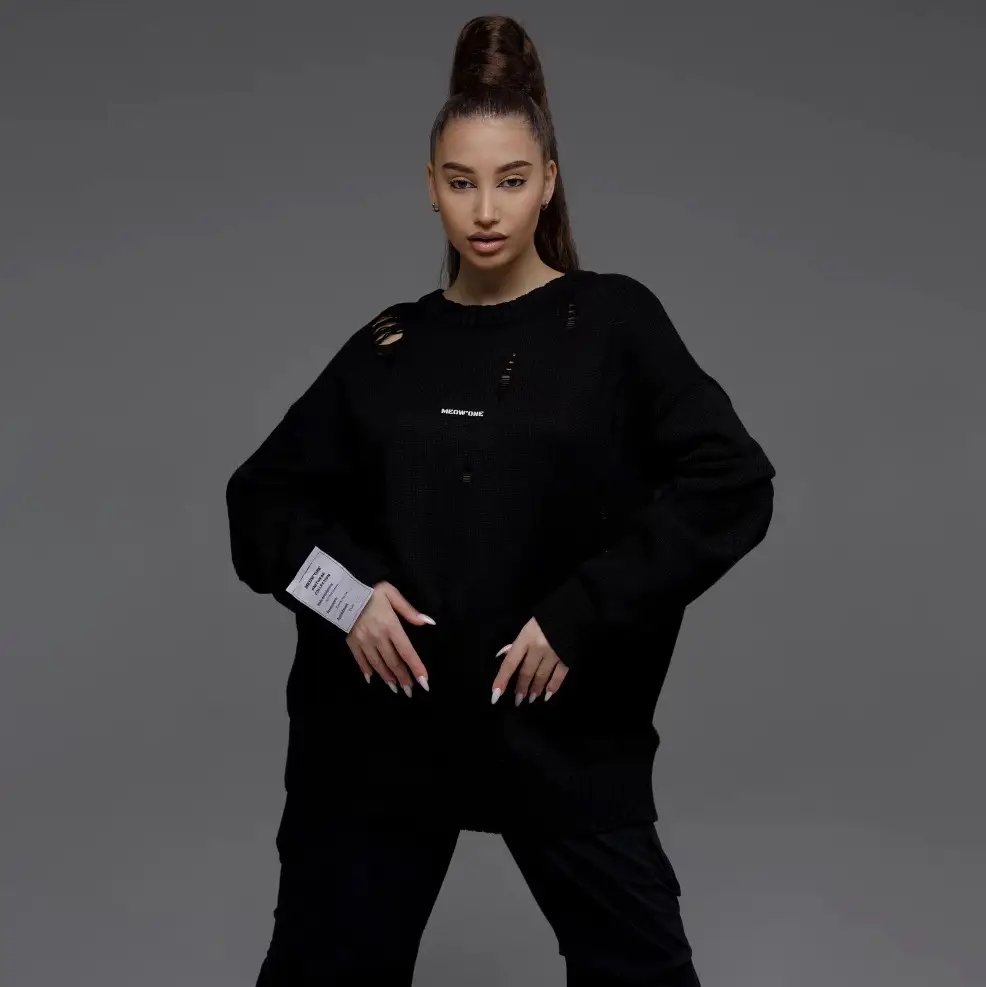 European And American Leisure Ripped Round Neck Sweater For Women Autumn And Winter