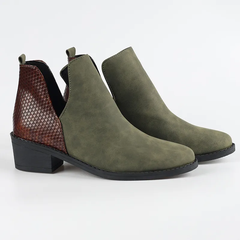 Casual All-match Plus Size Pointed Toe Chunky Heel Stitching Women's Martin Boots - Green