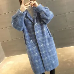 Fashion Loose Medium-length Plaid Coat For Women - Blue - View 1