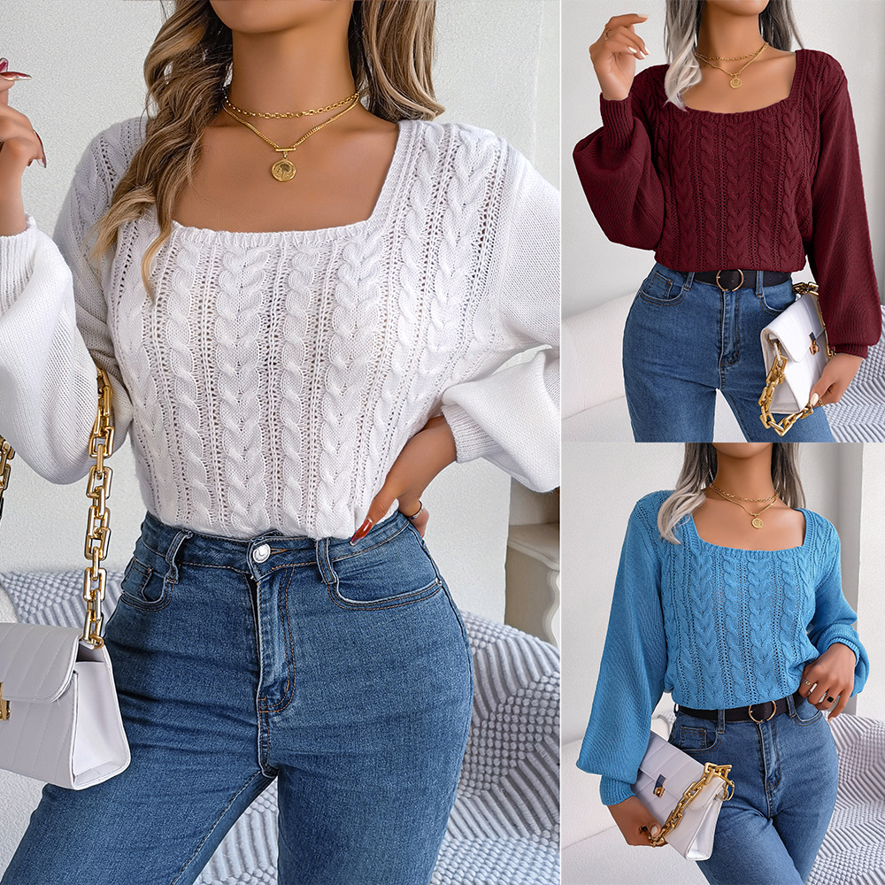 Casual Crew-neck Cable-knit Sweater With Puff Sleeves White S