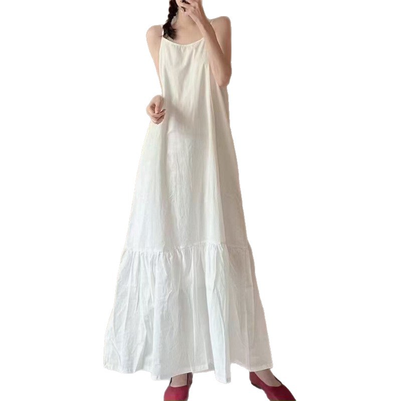 Cotton And Linen White Dress Minimalist Stitching Suspender Skirt Loose Temperament Artistic Dress