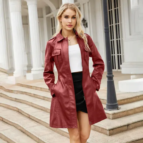 New -style Mid-length Leather Coat with Belt Fashion British