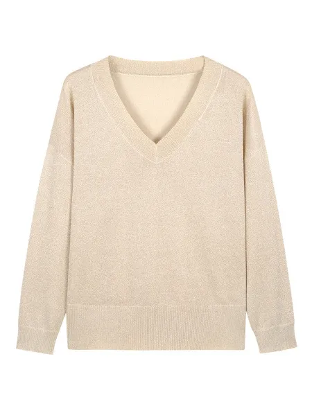 Casual Minimalist, Loose fitting V neck Knit Top For Women Apricot - Shop at LoveMi
