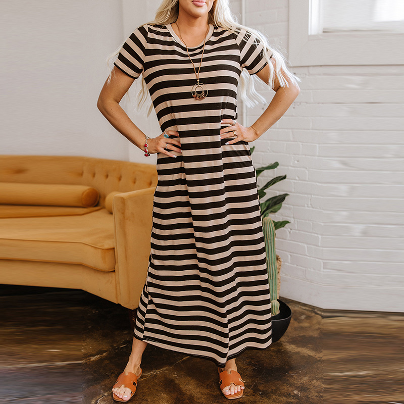 Spring And Summer Pullover Crew Neck Casual Style Striped Print Dress Women