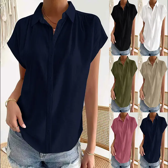 New Womens Casual Loose-fit Solid-color Lapel Short-sleeve