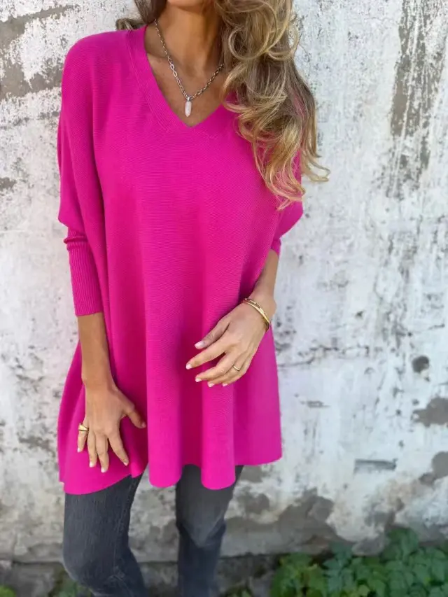 New Autumnwinter Women's Long sleeve Knitted V neck Loose fitting Long Top Rose Red - Shop at LoveMi