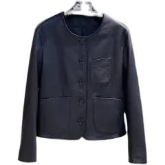 Casual Genuine Leather Clothes Women's Short Jacket Sheepskin Round Neck - Black - View 1