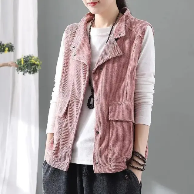 Double layer Corduroy Cardigan Vest Women's Coat Waistcoat Lapel Top Retro Purple - Shop at LoveMi