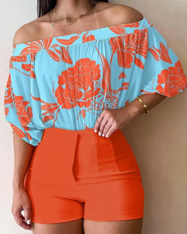 Women's Fashionable Elegant Floral Printed Top And Shorts Suit Orange Flowers - Shop at LoveMi