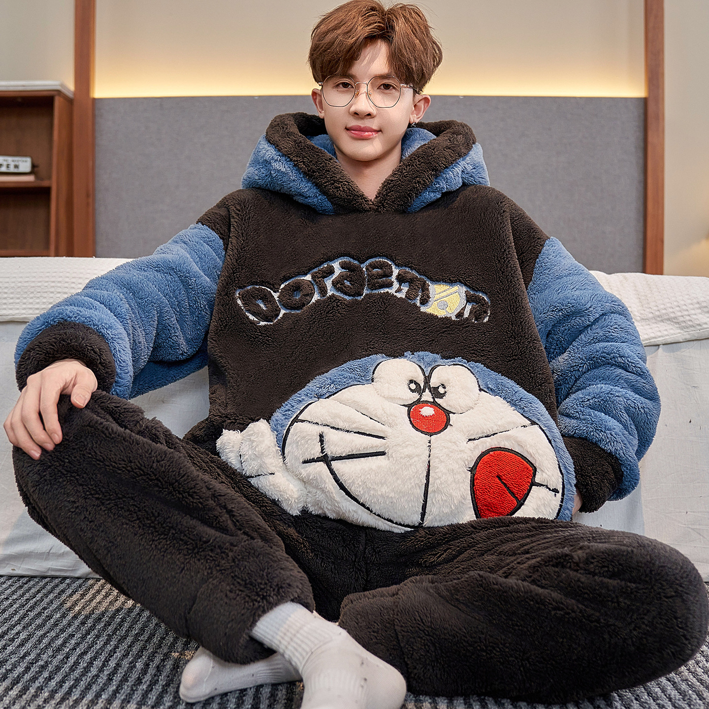 Mens Thickened Cartoon Plus-Size Pajama Set