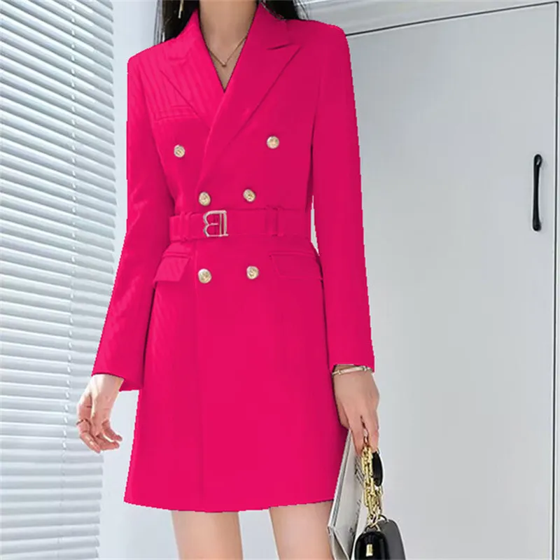 Office Lady Style Slimming Waist Trimming Coat Women's Top - Rose Red