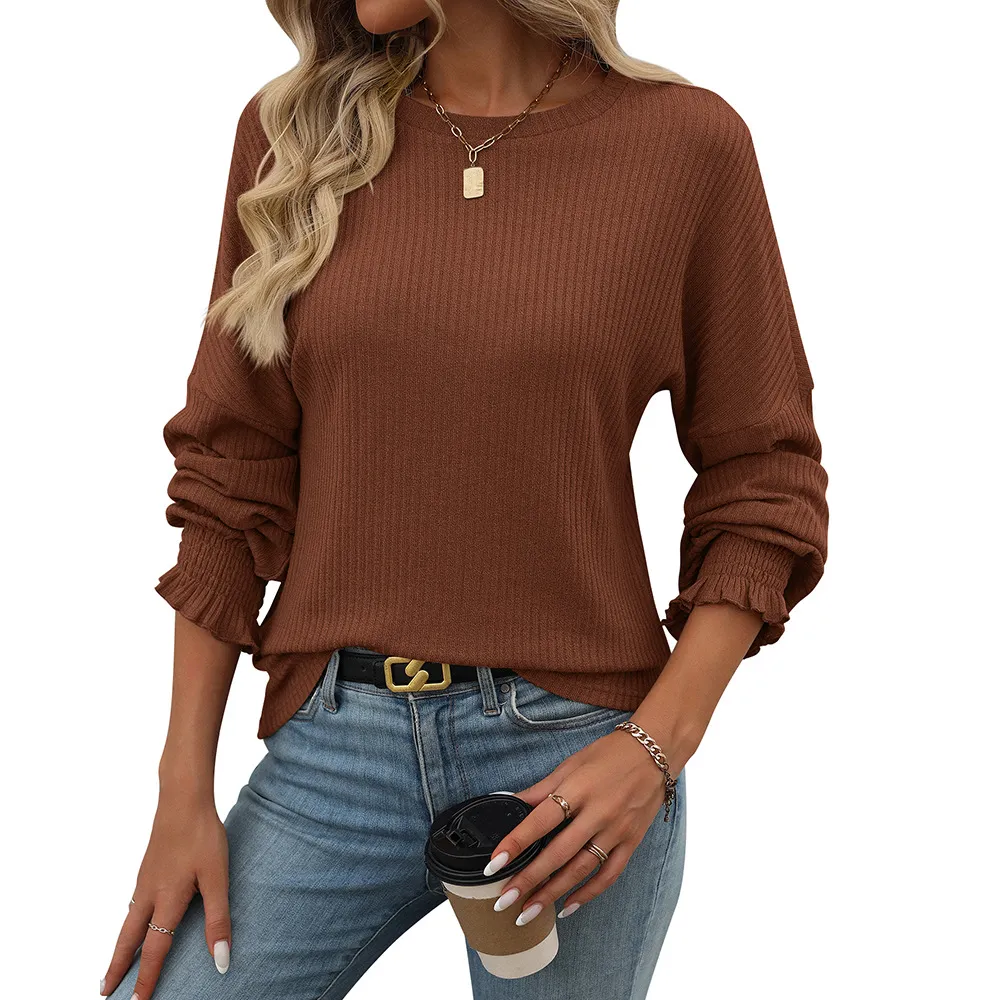 Loose Casual Sunken Stripe Long-sleeved T-shirt For Women - Caramel Color-Xxl