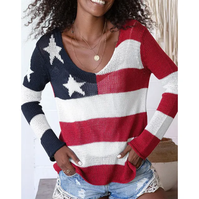 Star Stripes Thin See through Knitted Top For Women Flag - Shop at LoveMi