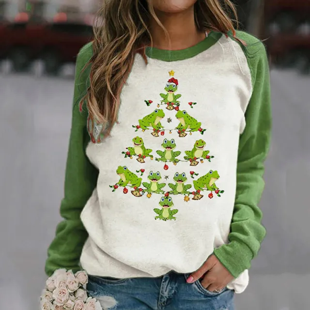 Women's Christmas Printed Round Neck Long Sleeve T shirt Green - Shop at LoveMi
