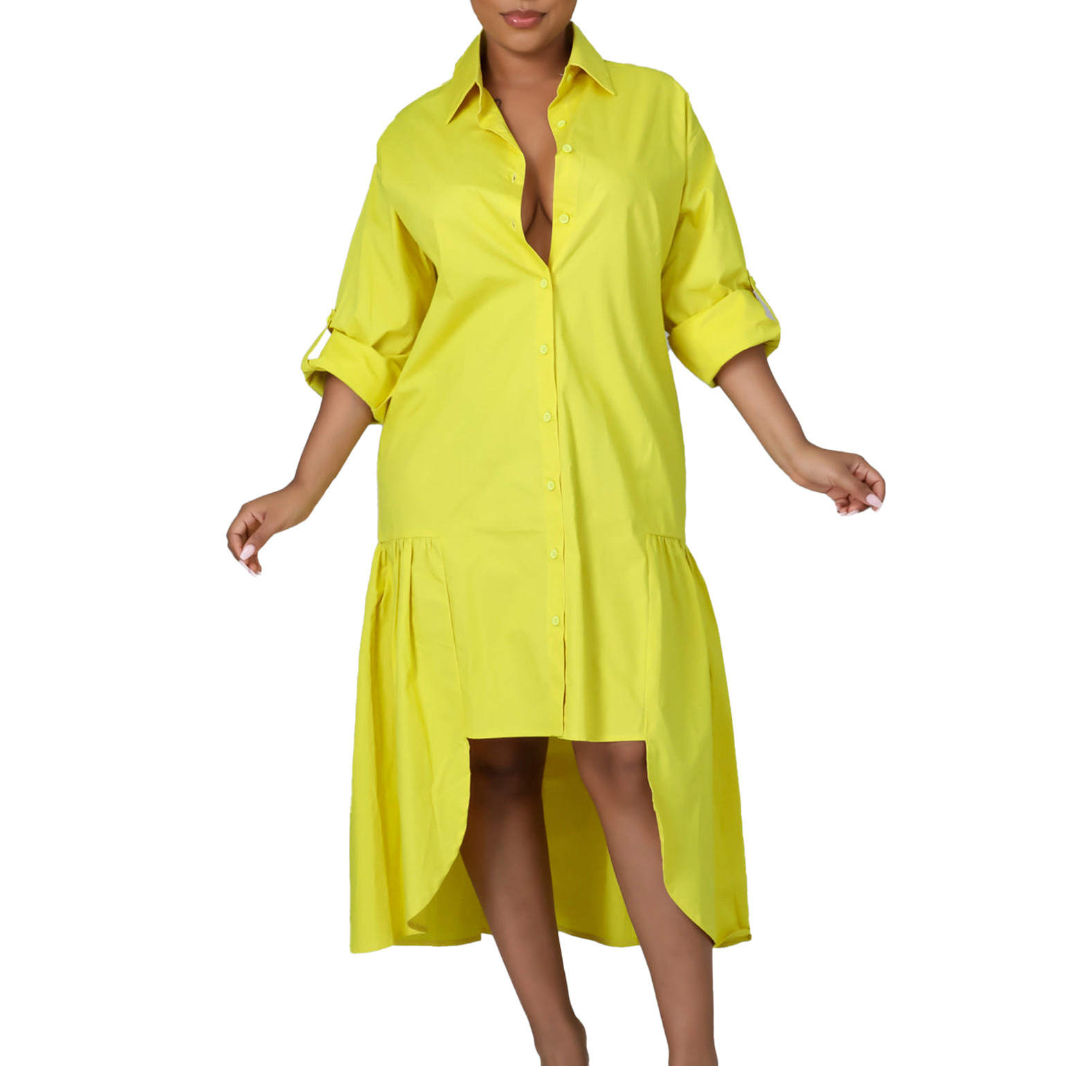 Long Sleeve Irregular Midi Dress Solid Color Plus Size