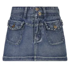 New Retro Worn Looking Washed-out Denim Skirt Rhinestone Double Buckle Waist Street Skirt - Blue - View 1
