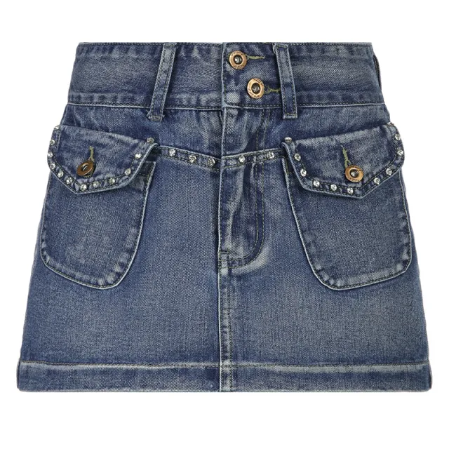 New Retro Worn Looking Washed out Denim Skirt Rhinestone Double Buckle Waist Street Skirt Blue - Shop at LoveMi
