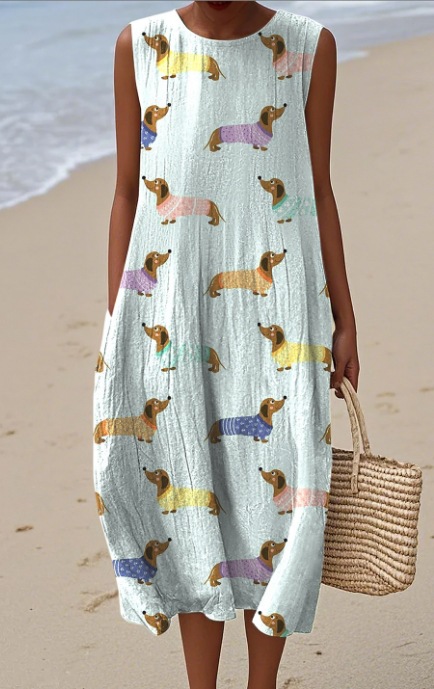 Pocketed Crew-neck Dress With Geometric And Floral Elements