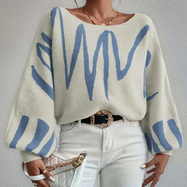 New Lantern sleeved Pullover Sweater Fashion Line Printed Loose Tops Women's Clothing Apricot - Shop at LoveMi