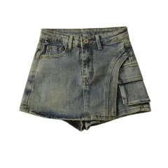 Hip-wrapped Denim Culotte Autumn Women's Asymmetric Hem - Retro Blue - View 1
