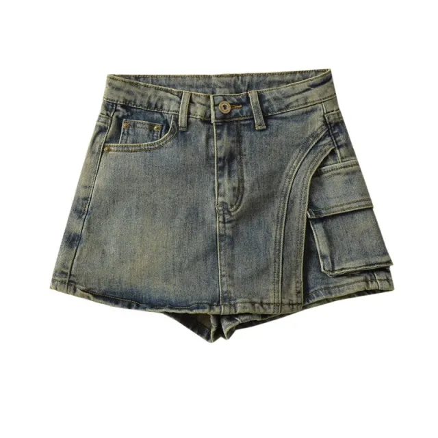 Hip wrapped Denim Culotte Autumn Women's Asymmetric Hem Retro Blue - Shop at LoveMi