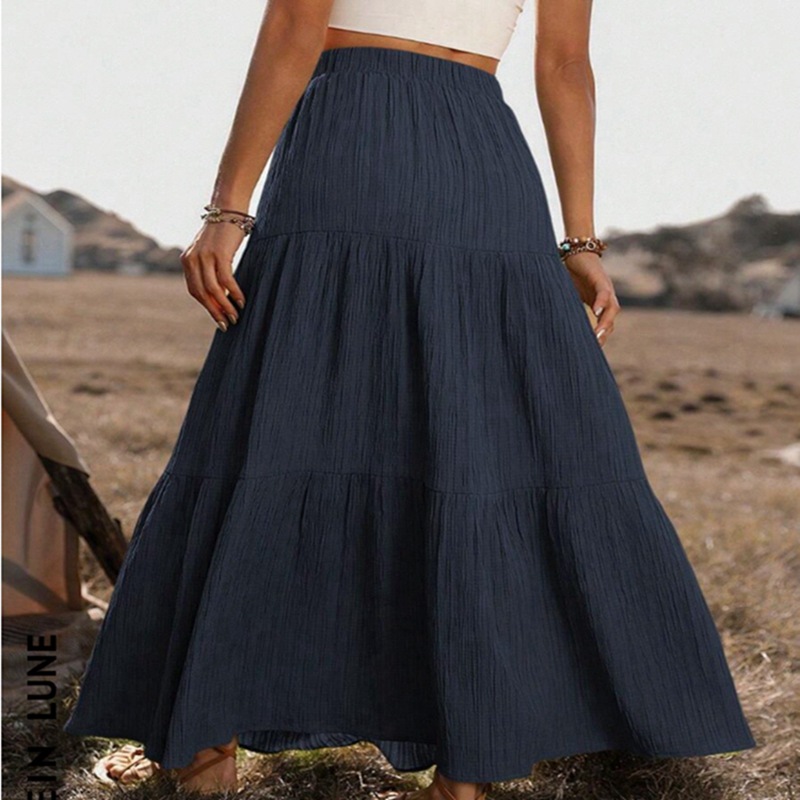 Elastic Waist Comfort Womens Long Tiered Striped Skirt