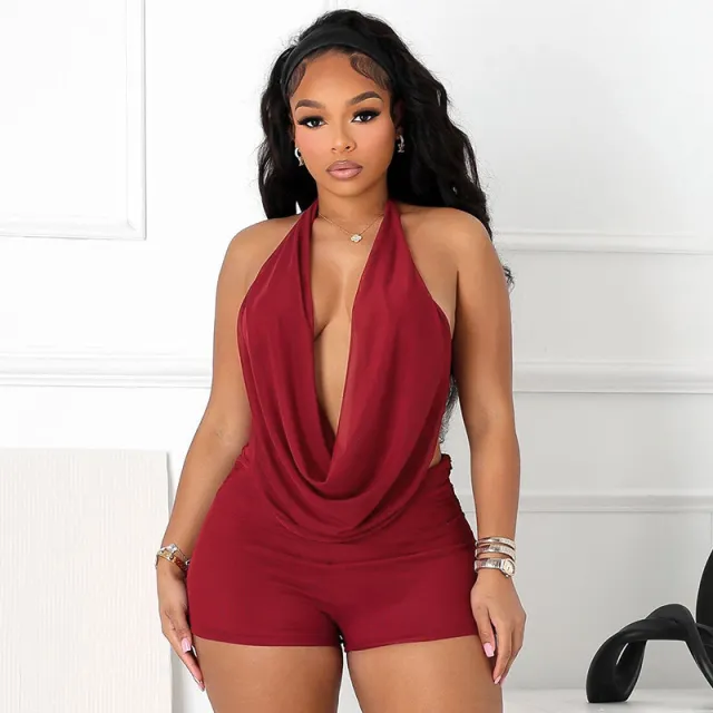 Women's Halter Swing Collar Backless Rope Top Shorts Suit Red - Shop at LoveMi