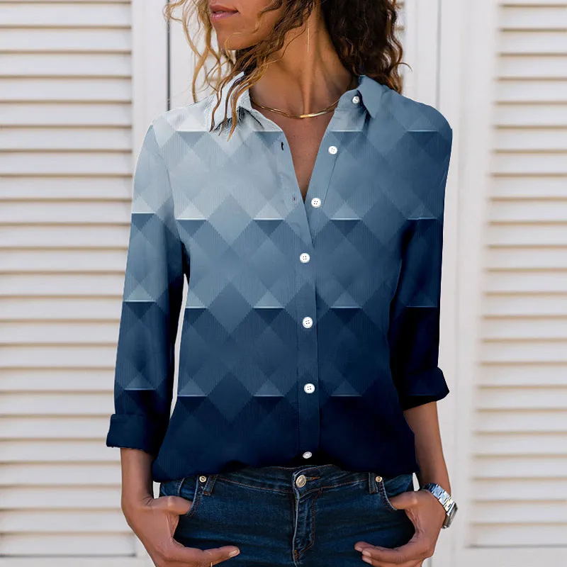 Women's 3D Digital Printing Gradient Color Polo Collar Top Youth Simplicity Casual Ladies Shirt - 2 Colors